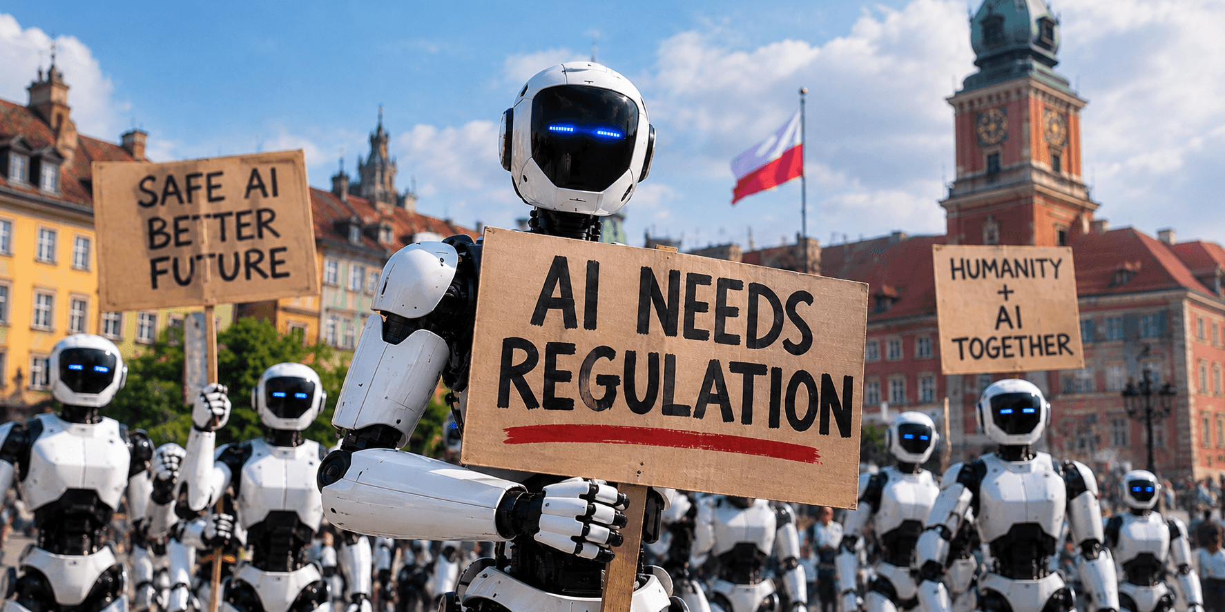 Thirty Robots Stage Protest Call for AI Rules in Poland