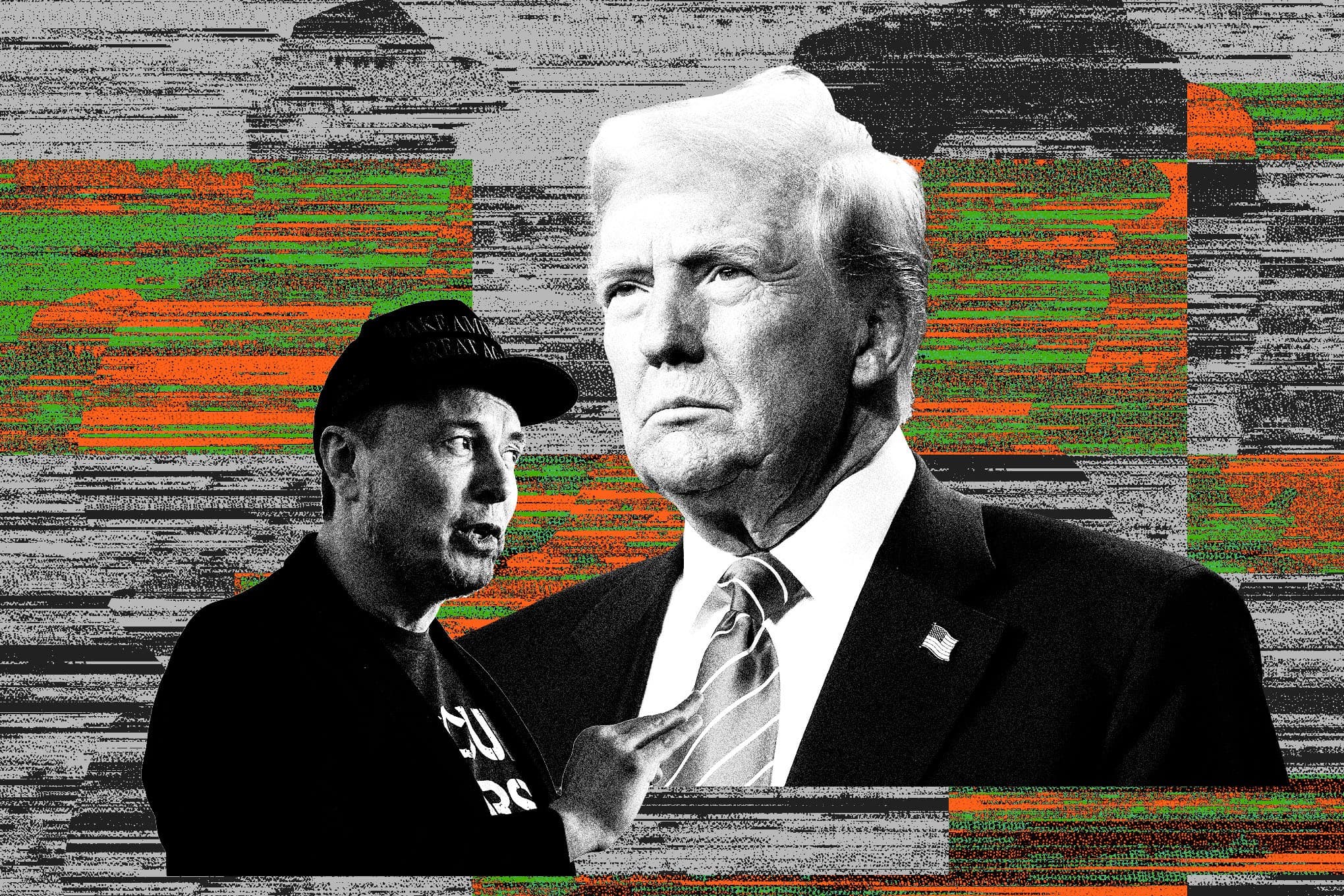 Elon Musk and Donald Trump, superimposed over static