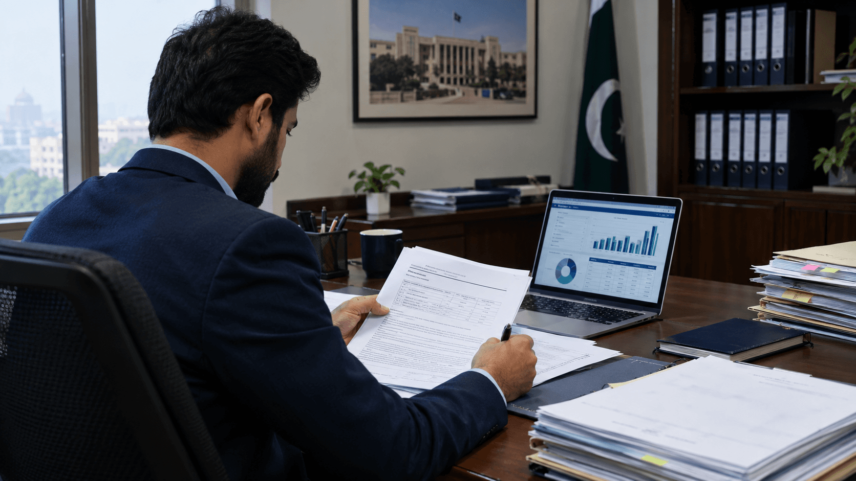 Illustration of Pakistan’s Competition Commission using AI to analyse public procurement tenders and detect suspicious bidding patterns.