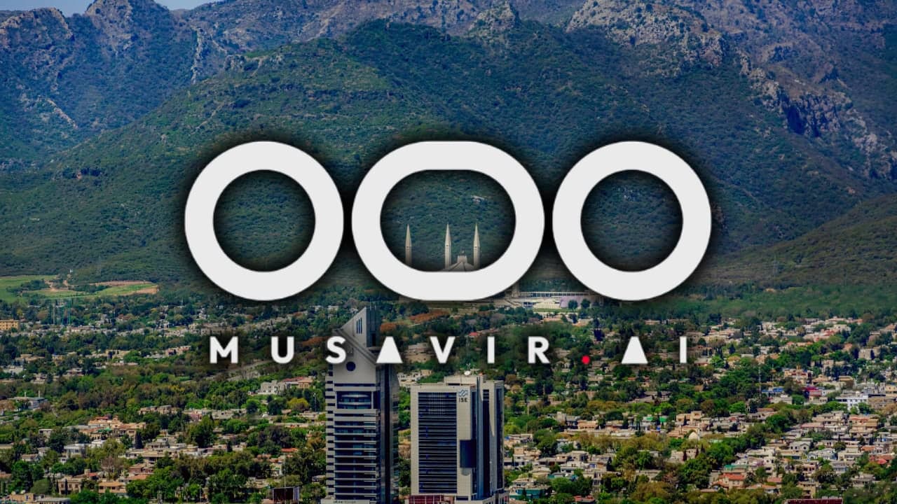 3D digital map concept showing Islamabad and Rawalpindi, Pakistan, with buildings, roads and urban landmarks.